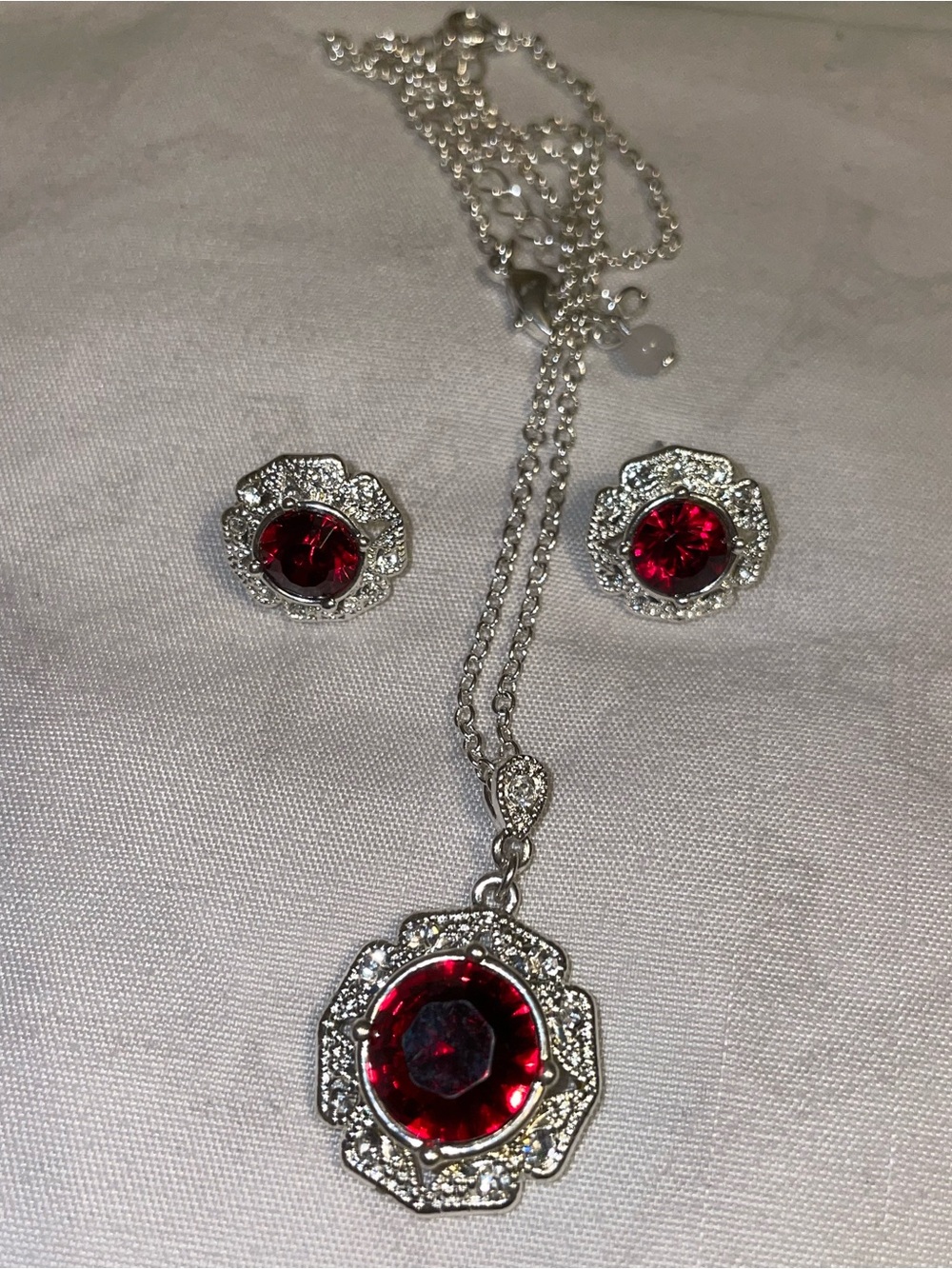 Avon Silver-Tone Necklace and Earrings with Red Center Stones